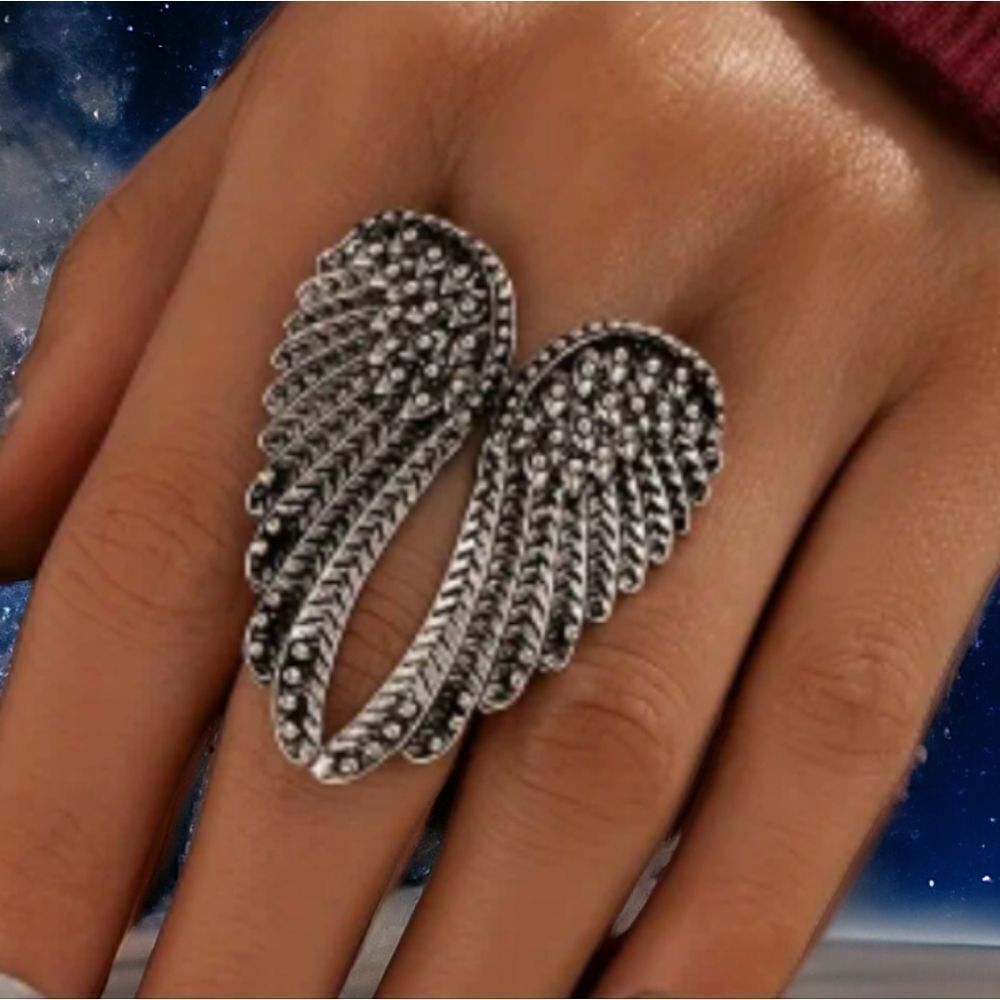 Large Angel Wing Ring Silver Antiqued Size 7 Heart Shape Goth Statement Jewelry